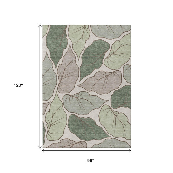 HomeRoots 8' X 10' Washable Fern Green and Ivory Botanical Leaves Rug - Perfect for Indoor & Outdoor Spaces! 660850
