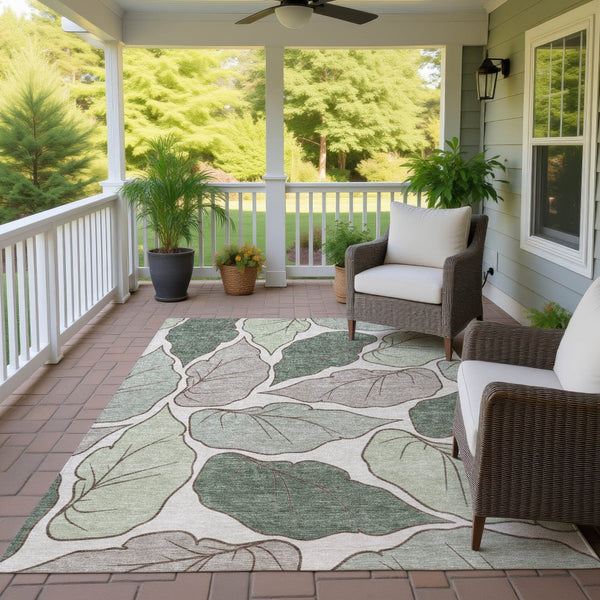 HomeRoots 8' X 10' Washable Fern Green and Ivory Botanical Leaves Rug - Perfect for Indoor & Outdoor Spaces! 660850