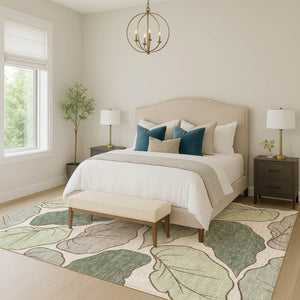 HomeRoots 9' x 12' Washable Fern Green & Ivory Botanical Leaves Area Rug for Indoor/Outdoor Durability & Style 660851