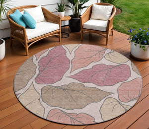 HomeRoots 8' Blush and Ivory Round Botanical Leaves Rug - Washable, Durable, Indoor/Outdoor, Stylish Decor Piece 660855
