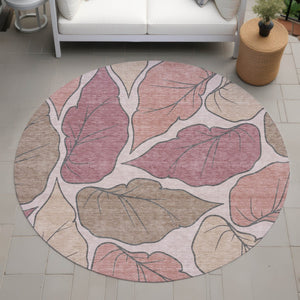 HomeRoots 8' Blush and Ivory Round Botanical Leaves Rug - Washable, Durable, Indoor/Outdoor, Stylish Decor Piece 660855