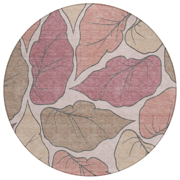 HomeRoots 8' Blush and Ivory Round Botanical Leaves Rug - Washable, Durable, Indoor/Outdoor, Stylish Decor Piece 660855
