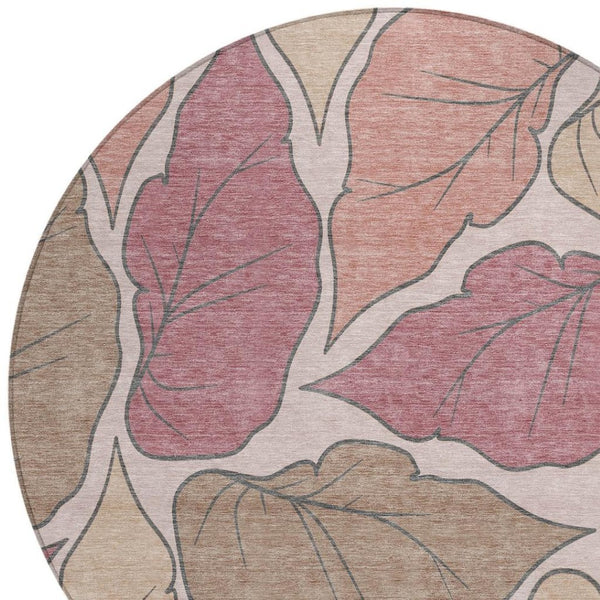 HomeRoots 8' Blush and Ivory Round Botanical Leaves Rug - Washable, Durable, Indoor/Outdoor, Stylish Decor Piece 660855