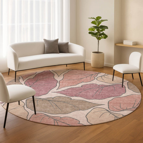 HomeRoots 8' Blush and Ivory Round Botanical Leaves Rug - Washable, Durable, Indoor/Outdoor, Stylish Decor Piece 660855