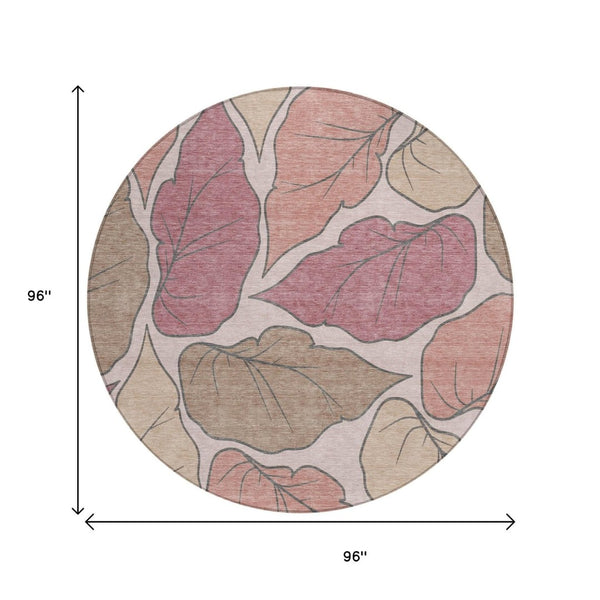 HomeRoots 8' Blush and Ivory Round Botanical Leaves Rug - Washable, Durable, Indoor/Outdoor, Stylish Decor Piece 660855