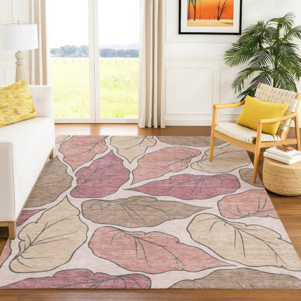 HomeRoots 9' Elegant Blush and Ivory Botanical Leaves Area Rug - Washable, Stain-Resistant for Indoor & Outdoor Use 660857