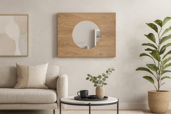 Meridian Furniture Optic Art Deco Oak Wood Wall Mirror with Geometric Frame for Entryway or Bedroom Decor Natural 66085Oak-M