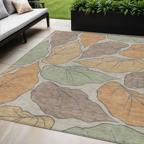HomeRoots 5' X 8' Botanical Leaves Area Rug in Copper, Ivory & Sage - Washable for Indoor & Outdoor Use! 660860