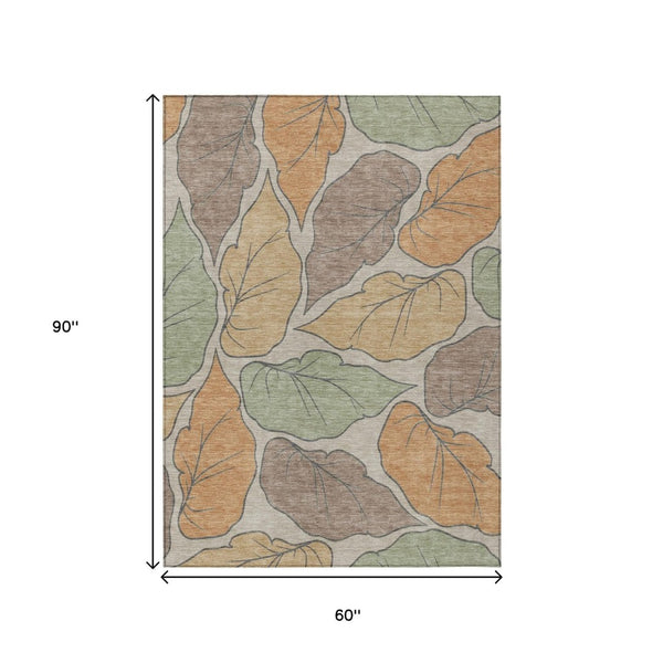 HomeRoots 5' X 8' Botanical Leaves Area Rug in Copper, Ivory & Sage - Washable for Indoor & Outdoor Use! 660860