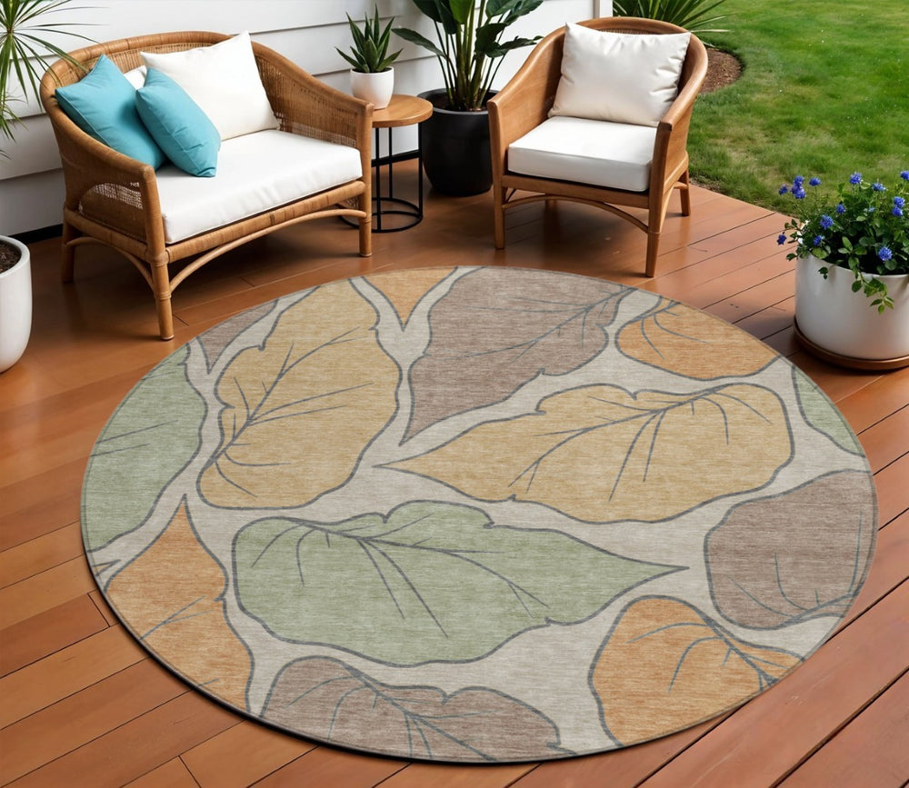 HomeRoots 8' Round Botanical Leaves Area Rug - Copper, Ivory & Sage - Washable, Durable, Indoor/Outdoor Use! 660861