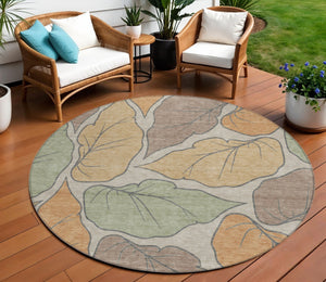 HomeRoots 8' Round Botanical Leaves Area Rug - Copper, Ivory & Sage - Washable, Durable, Indoor/Outdoor Use! 660861