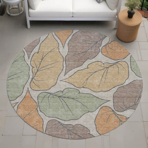 HomeRoots 8' Round Botanical Leaves Area Rug - Copper, Ivory & Sage - Washable, Durable, Indoor/Outdoor Use! 660861
