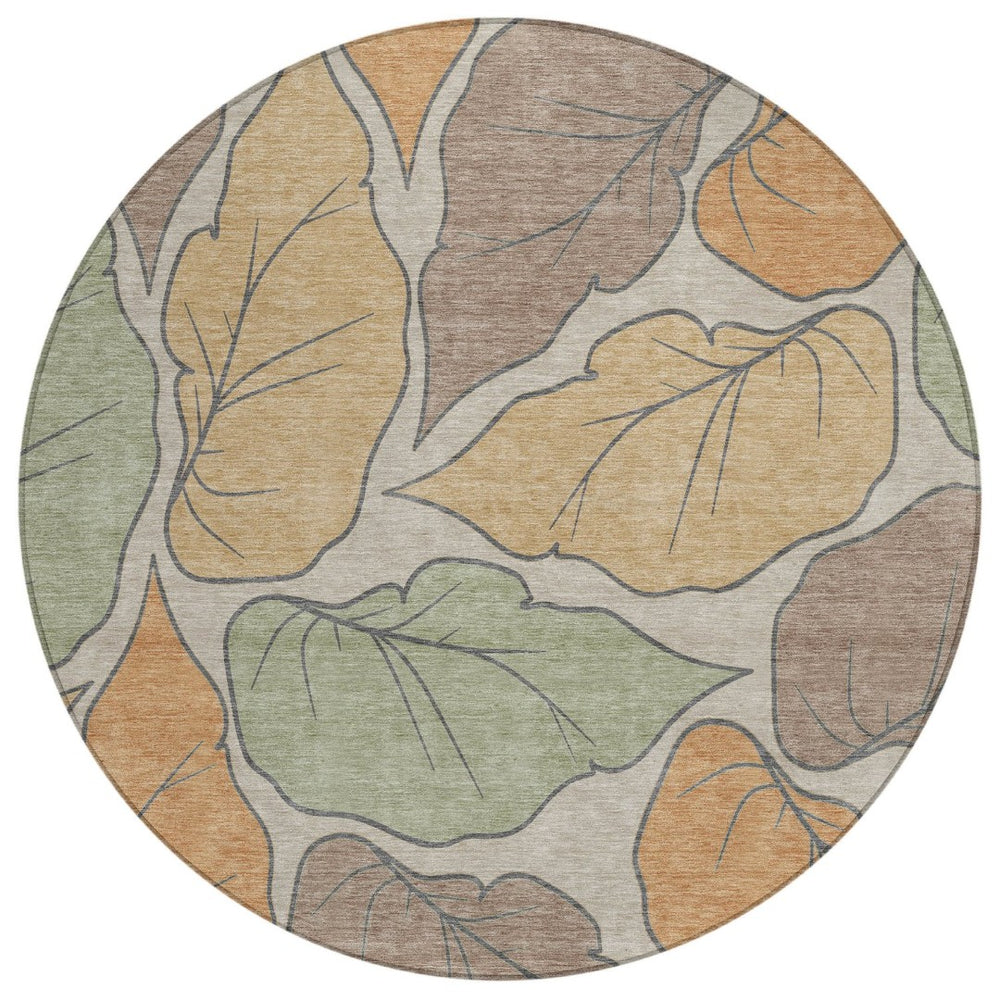 HomeRoots 8' Round Botanical Leaves Area Rug - Copper, Ivory & Sage - Washable, Durable, Indoor/Outdoor Use! 660861