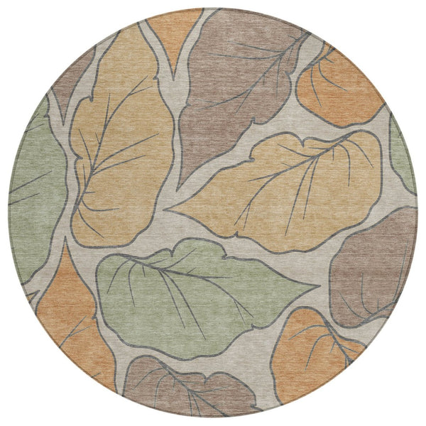 HomeRoots 8' Round Botanical Leaves Area Rug - Copper, Ivory & Sage - Washable, Durable, Indoor/Outdoor Use! 660861