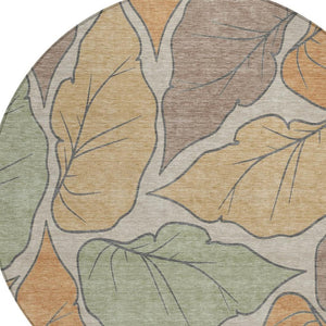 HomeRoots 8' Round Botanical Leaves Area Rug - Copper, Ivory & Sage - Washable, Durable, Indoor/Outdoor Use! 660861