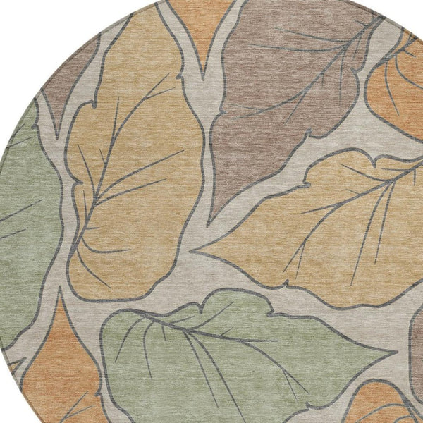 HomeRoots 8' Round Botanical Leaves Area Rug - Copper, Ivory & Sage - Washable, Durable, Indoor/Outdoor Use! 660861