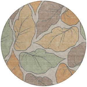 HomeRoots 8' Round Botanical Leaves Area Rug - Copper, Ivory & Sage - Washable, Durable, Indoor/Outdoor Use! 660861