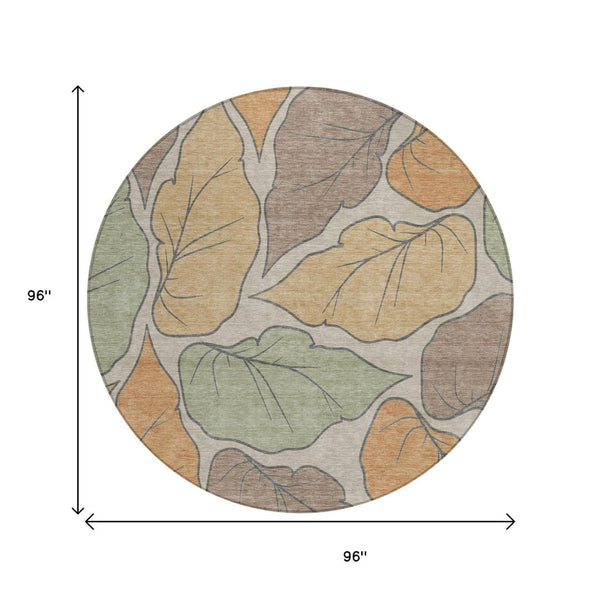HomeRoots 8' Round Botanical Leaves Area Rug - Copper, Ivory & Sage - Washable, Durable, Indoor/Outdoor Use! 660861