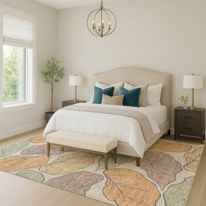 HomeRoots 9' Copper Ivory Sage Botanical Leaves Rug – Washable Indoor/Outdoor Area Rug for High Traffic Spaces 660863