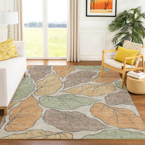 HomeRoots 10' X 14' Durable Copper Ivory Sage Botanical Leaves Area Rug - Washable for Indoor & Outdoor Use 660864