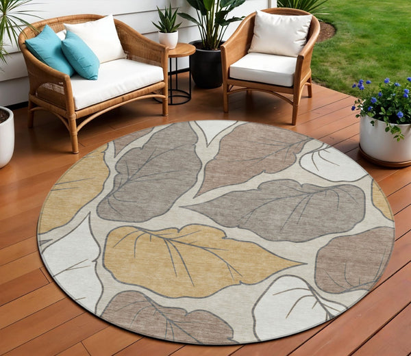 HomeRoots 8' Round Botanical Leaves Area Rug - Ivory & Brown, Washable, Durable for Indoor/Outdoor Use! 660867