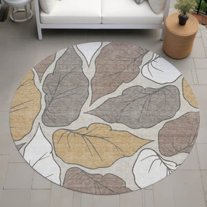 HomeRoots 8' Round Botanical Leaves Area Rug - Ivory & Brown, Washable, Durable for Indoor/Outdoor Use! 660867