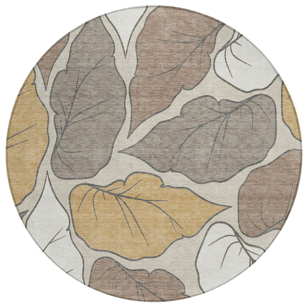 HomeRoots 8' Round Botanical Leaves Area Rug - Ivory & Brown, Washable, Durable for Indoor/Outdoor Use! 660867