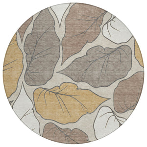 HomeRoots 8' Round Botanical Leaves Area Rug - Ivory & Brown, Washable, Durable for Indoor/Outdoor Use! 660867