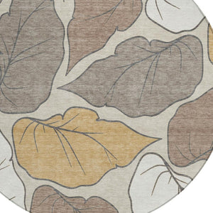 HomeRoots 8' Round Botanical Leaves Area Rug - Ivory & Brown, Washable, Durable for Indoor/Outdoor Use! 660867