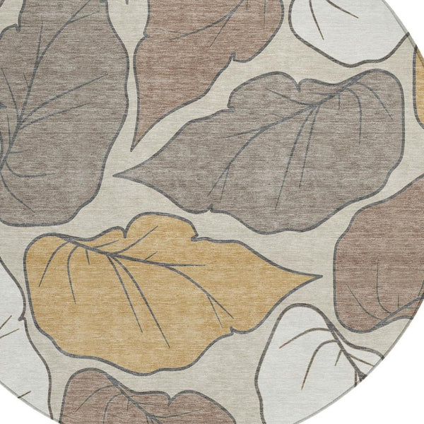 HomeRoots 8' Round Botanical Leaves Area Rug - Ivory & Brown, Washable, Durable for Indoor/Outdoor Use! 660867