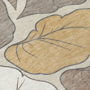 HomeRoots 8' Round Botanical Leaves Area Rug - Ivory & Brown, Washable, Durable for Indoor/Outdoor Use! 660867