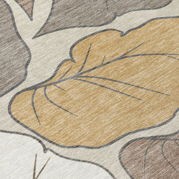 HomeRoots 8' Round Botanical Leaves Area Rug - Ivory & Brown, Washable, Durable for Indoor/Outdoor Use! 660867