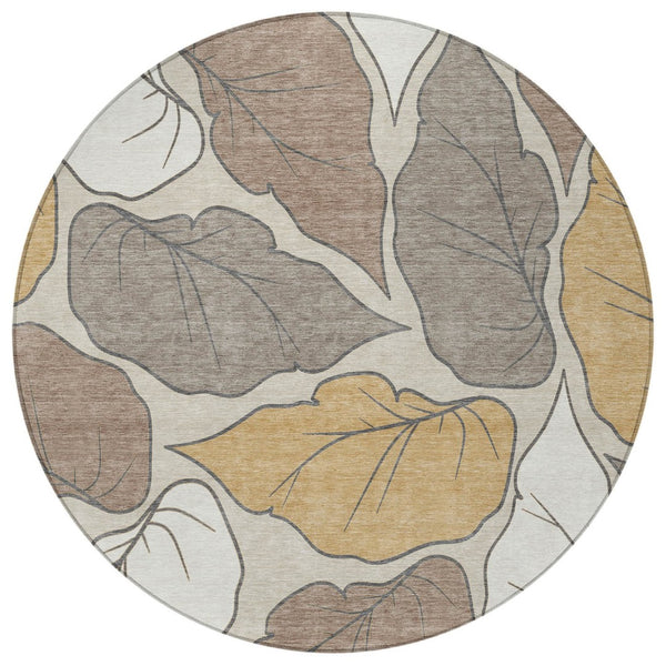 HomeRoots 8' Round Botanical Leaves Area Rug - Ivory & Brown, Washable, Durable for Indoor/Outdoor Use! 660867