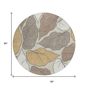 HomeRoots 8' Round Botanical Leaves Area Rug - Ivory & Brown, Washable, Durable for Indoor/Outdoor Use! 660867