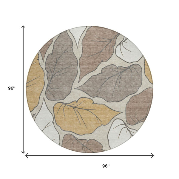 HomeRoots 8' Round Botanical Leaves Area Rug - Ivory & Brown, Washable, Durable for Indoor/Outdoor Use! 660867