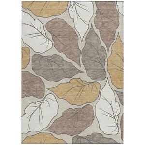HomeRoots 8' X 10' Washable Indoor Outdoor Area Rug - Elegant Linen Ivory & Brown Botanical Leaves Design 660868