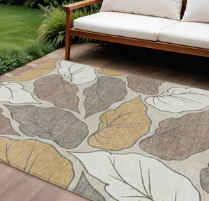 HomeRoots 8' X 10' Washable Indoor Outdoor Area Rug - Elegant Linen Ivory & Brown Botanical Leaves Design 660868