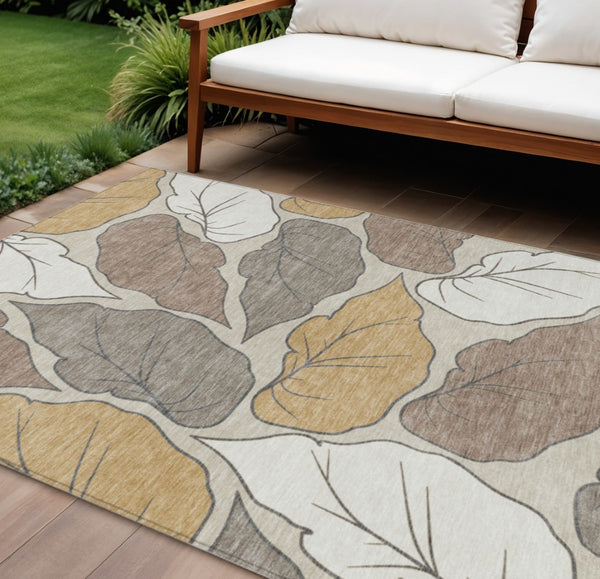HomeRoots 8' X 10' Washable Indoor Outdoor Area Rug - Elegant Linen Ivory & Brown Botanical Leaves Design 660868