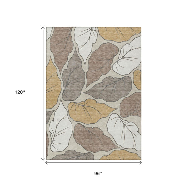 HomeRoots 8' X 10' Washable Indoor Outdoor Area Rug - Elegant Linen Ivory & Brown Botanical Leaves Design 660868