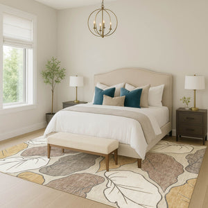HomeRoots 8' X 10' Washable Indoor Outdoor Area Rug - Elegant Linen Ivory & Brown Botanical Leaves Design 660868