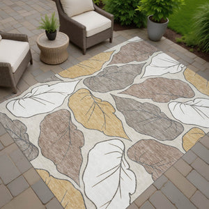 HomeRoots 9' X 12' Durable Linen Ivory Brown Botanical Leaves Rug for Indoor & Outdoor Spaces, Easy Care 660869