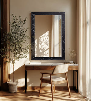Meridian Furniture Pavia Genuine Stone Rectangular Wall Mirror with Natural Veining for Modern Organic Interiors Black Glass, Genuine Marble, MDF 66086Black-M