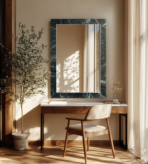 Meridian Furniture Pavia Genuine Stone Rectangular Wall Mirror with Natural Veining for Modern Organic Interiors Green Glass, Genuine Marble, MDF 66086Green-M