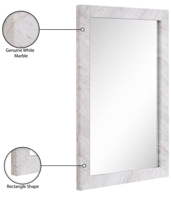 Meridian Furniture Pavia Genuine Stone Rectangular Wall Mirror with Natural Veining for Modern Organic Interiors White Glass, Genuine Marble, MDF 66086White-M