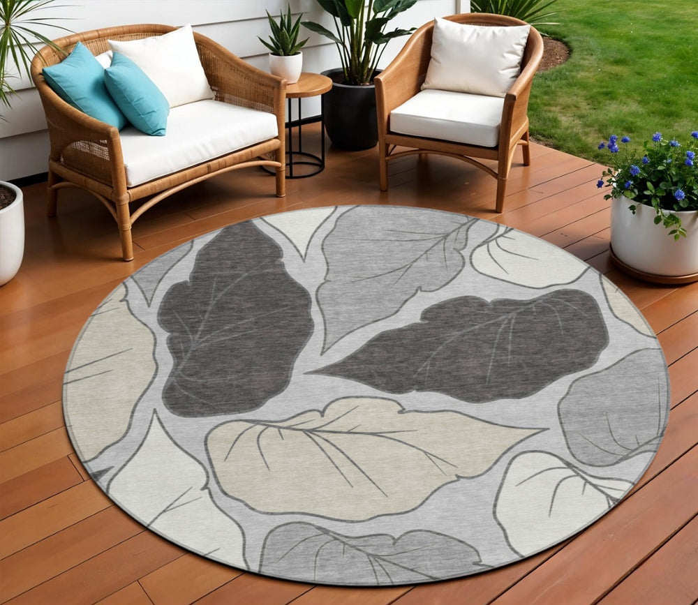 HomeRoots 8' Silver Gray Botanical Leaves Round Rug - Stylish, Washable Area Rug for Indoor & Outdoor Use 660873