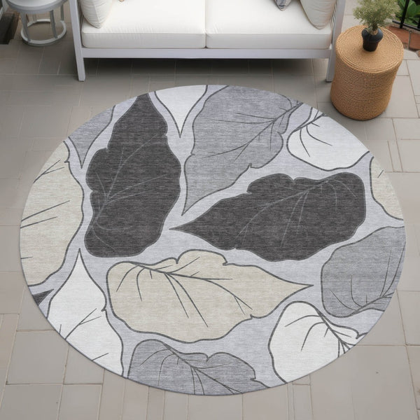 HomeRoots 8' Silver Gray Botanical Leaves Round Rug - Stylish, Washable Area Rug for Indoor & Outdoor Use 660873