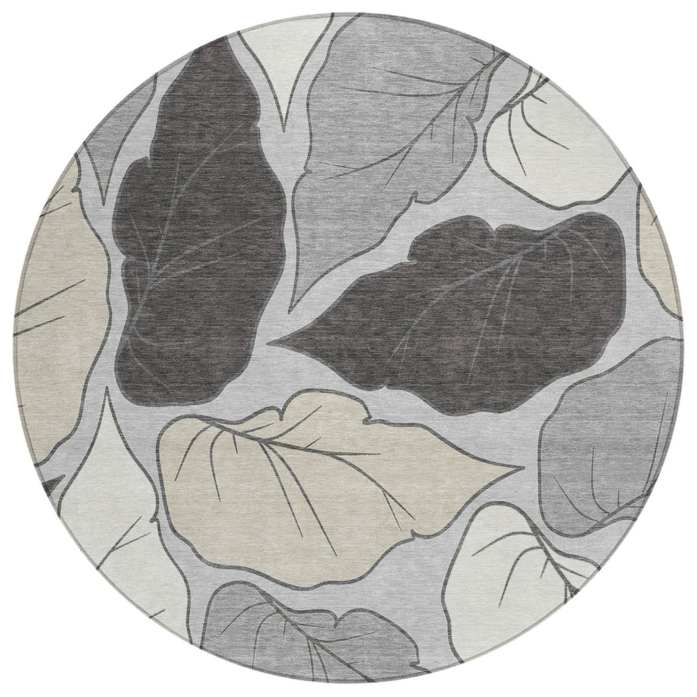 HomeRoots 8' Silver Gray Botanical Leaves Round Rug - Stylish, Washable Area Rug for Indoor & Outdoor Use 660873