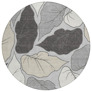 HomeRoots 8' Silver Gray Botanical Leaves Round Rug - Stylish, Washable Area Rug for Indoor & Outdoor Use 660873