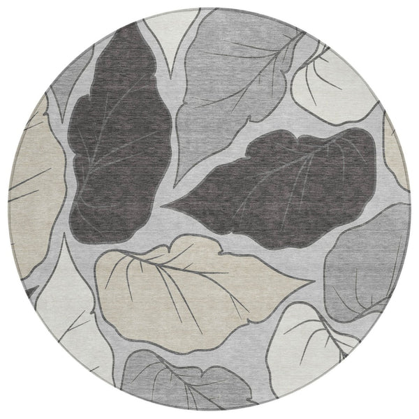 HomeRoots 8' Silver Gray Botanical Leaves Round Rug - Stylish, Washable Area Rug for Indoor & Outdoor Use 660873