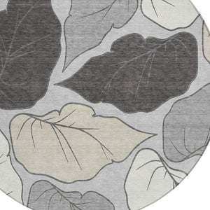 HomeRoots 8' Silver Gray Botanical Leaves Round Rug - Stylish, Washable Area Rug for Indoor & Outdoor Use 660873